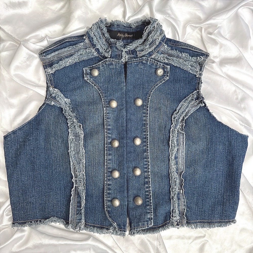 Ashley Stewart Denim Vest Military Style Frayed Raw Edge Blue Jean Sleeveless 14